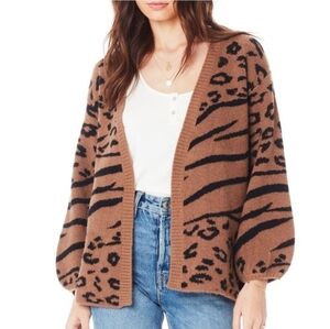SALTWATER LUXE Juliet Animal Print Knit Cardigan Taupe Black Side Slit S NWT